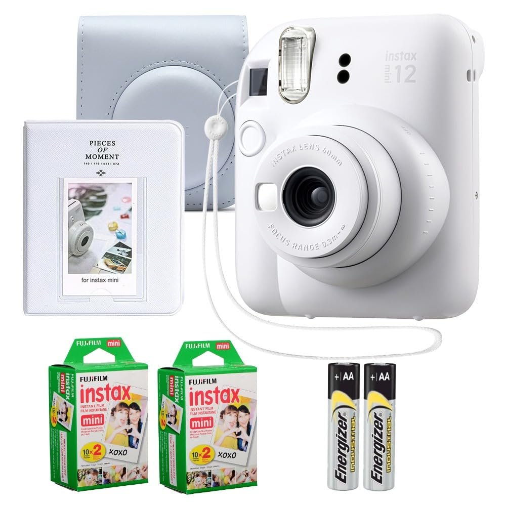 Fujifilm Instax Mini 12 Instant Camera Clay White Bundle  Includes 40-Sheets Instax Mini Film, Protective Case, and Mini Photo Album