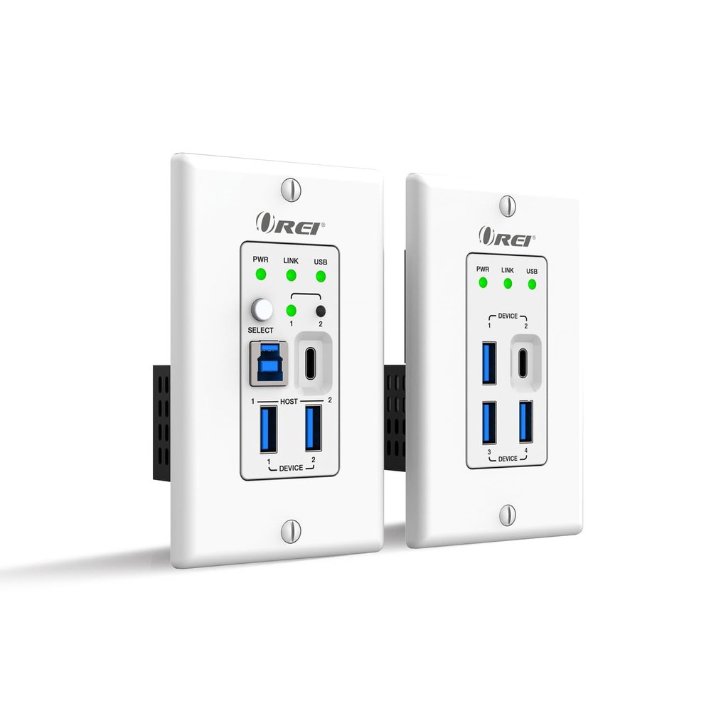 OREI USB 3.2 Wall Plate Over Ethernet HDbaseT Cat6 Extender LAN Upto 330 Feet - Dual Host Extends USB-C/USB-B Signal Over Ethernet - Power Over Cable