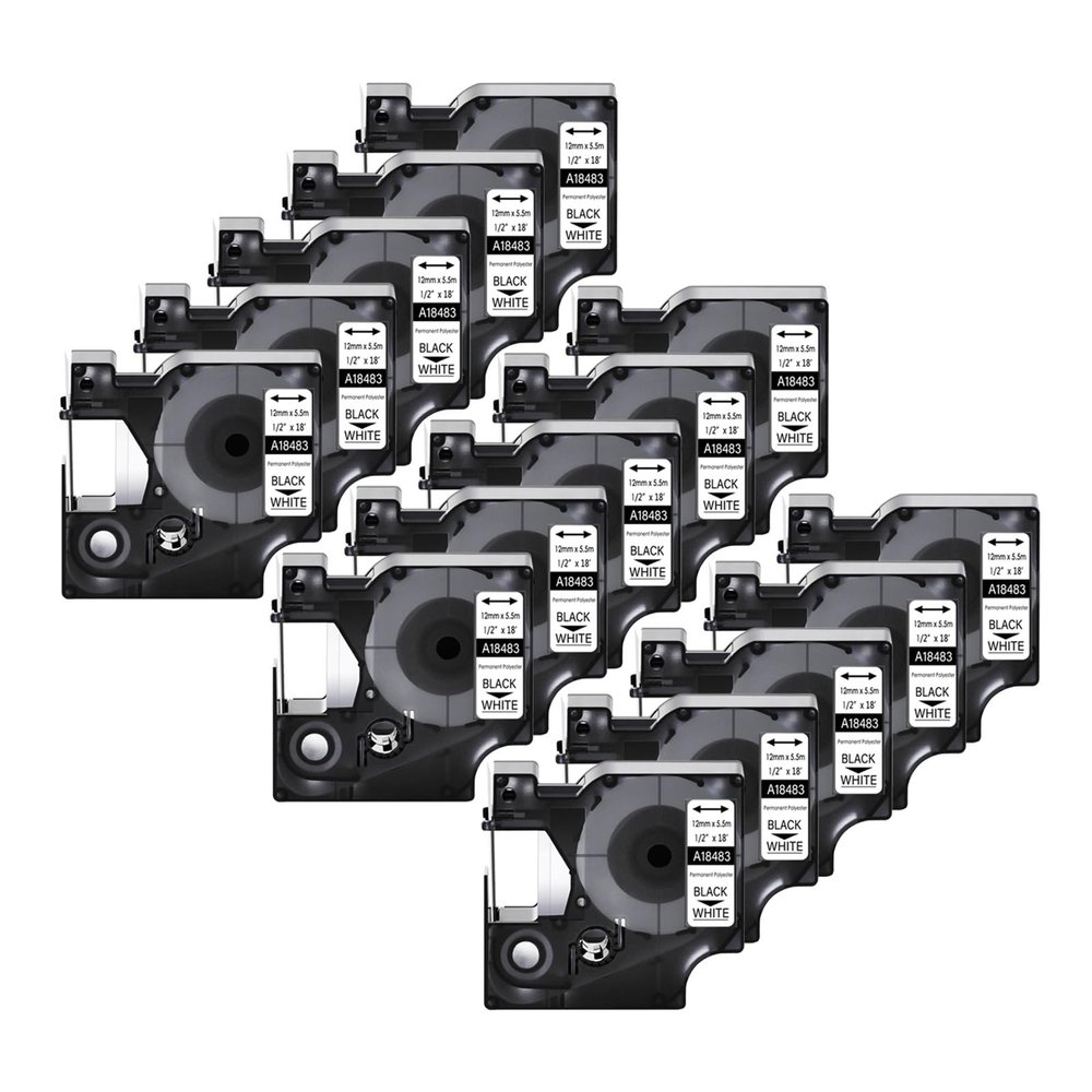 3-15PK 18483 IND Permanent Polyester Tapes Compatible for D-mo A18482 A18484 Black on White Label for R-ino 3000 4200 Maker(15PK Black on White,9mm)
