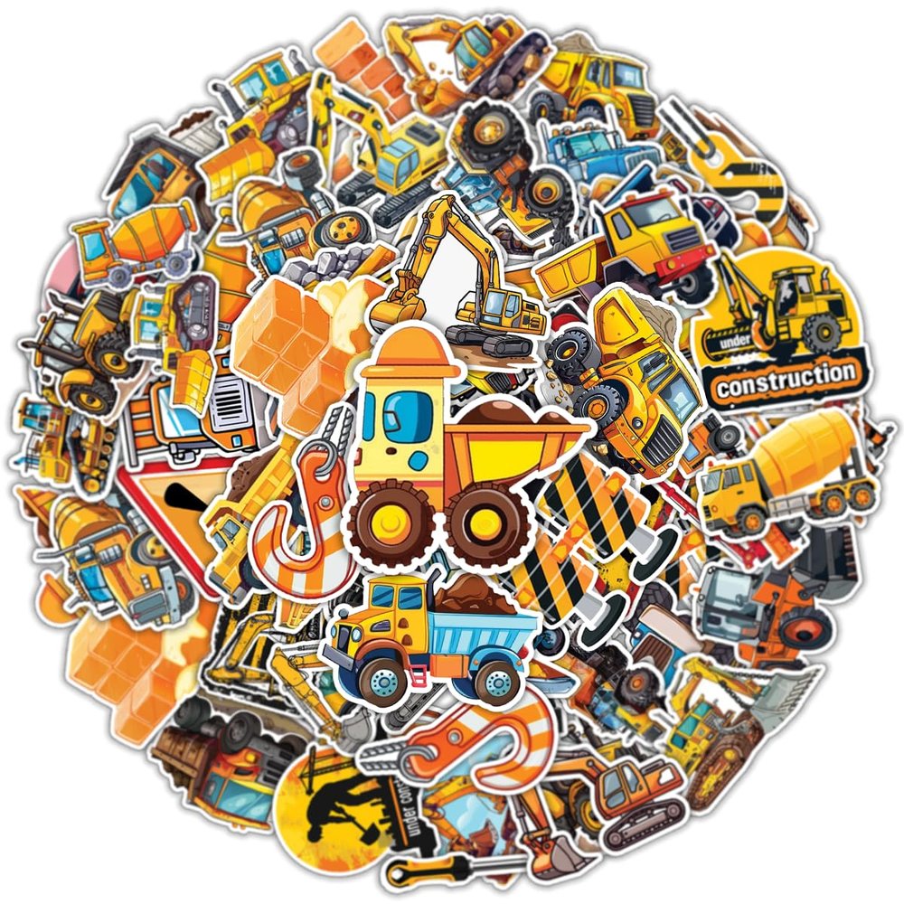 100PCS Construction Vehicle Stickers KidFriendly Heavy Machinery Waterproof Vinyl Decals Featuring Bulldozers, Trucks & Tools for Laptop, Water Bottle, Scrapbook