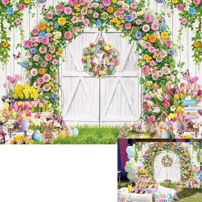 Spring Easter Backdrop Banner White Barn Door Floral Colorful Eggs Bunny Photoshoot Background Rabbits Flowers Kids Party Decoration Banner Booth Props (7x5FT(82 x 59 inch))
