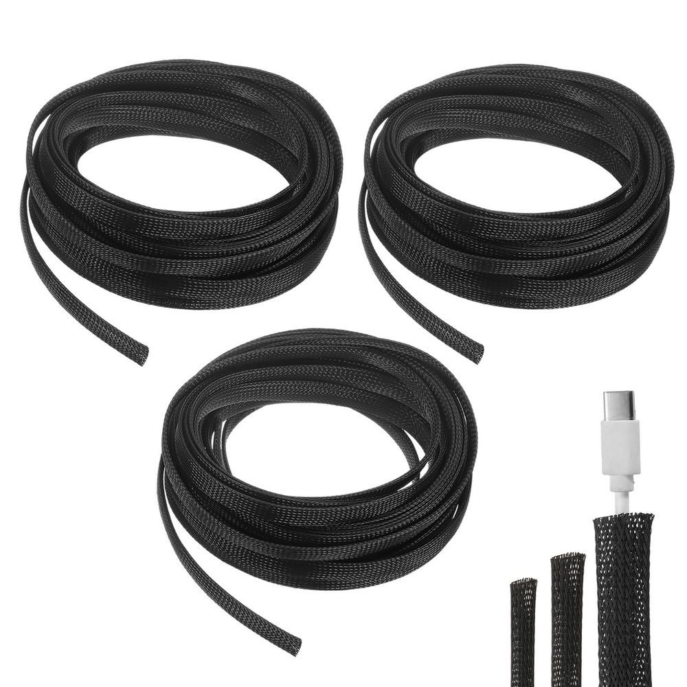 uxcell 3Psc 49ft - 1/4, 3/8, 1/2 Inch Expandable Braided Cable Sleeving, PET Cable Management Wire Sleeve Cord Protector, Wire Wrap Loom Tube for TV Computer Office Home Devices, Black