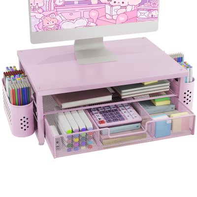 2-Tier Computer Monitor Stand RiserDesk Organizer and Accessories with Drawer and 2 Pen Holders,Desktop Monitor Stand for PC, Laptop, Pink