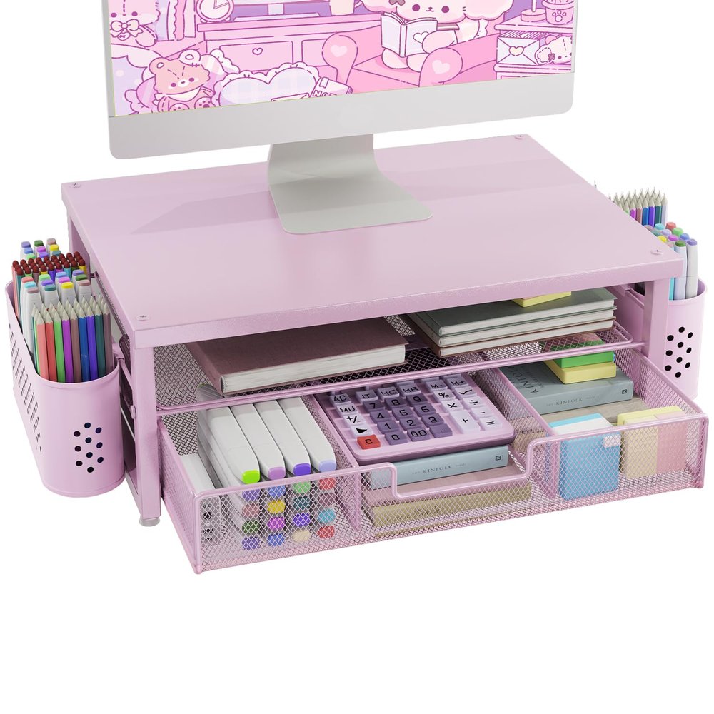 2-Tier Computer Monitor Stand RiserDesk Organizer and Accessories with Drawer and 2 Pen Holders,Desktop Monitor Stand for PC, Laptop, Pink