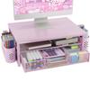 2-Tier Computer Monitor Stand RiserDesk Organizer and Accessories with Drawer and 2 Pen Holders,Desktop Monitor Stand for PC, Laptop, Pink view 1