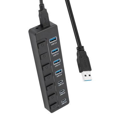 USB3.0 to Type C Splitter 7 Ports 5Gbps Fast Transfer Individual Switches for Computer & Laptops Plug and Play USB C Expansion Adapter