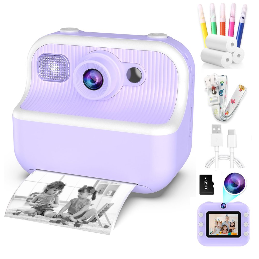 Kids Instant Print Camera, 1080P HD Digital Camera with Selfie Dual Lens, 3 Rolls Print Paper, 32GB Card, Birthday Christmas Toys Gifts for Toddler Boys and Girls Age 3-12+.
