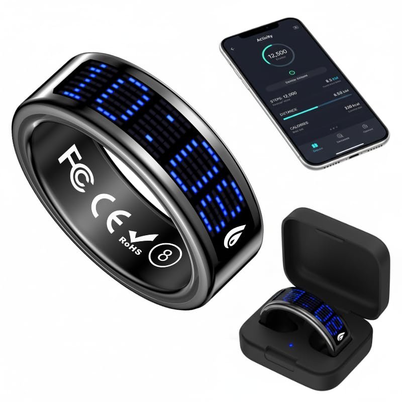 Domars Smart Ring Health Tracker with Display, Fitness Ring for Women Men with Heart Rate,Sleep Monitoring, Gesture Control, No Subscription, Fast-Charge Case, IP68 Smart Rings (Black, 13(22.3mm))