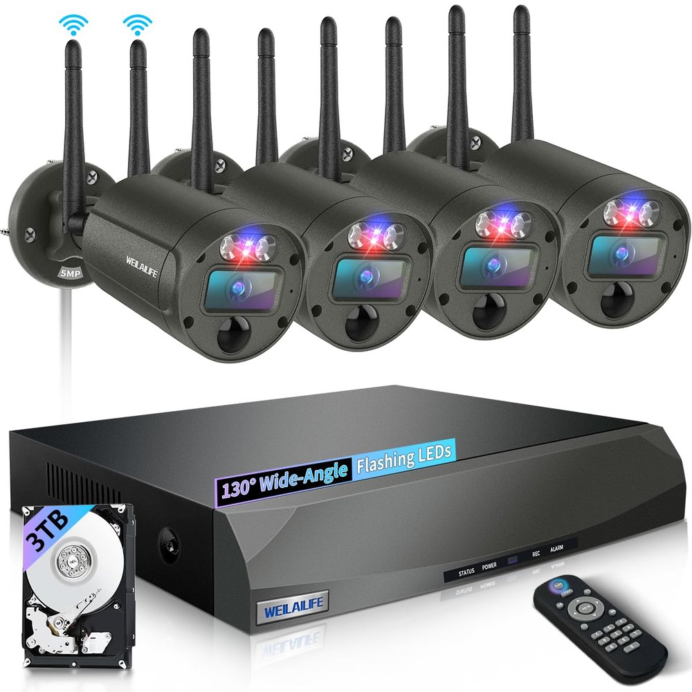 90 Days Storage & 130 Wide Angle Wireless Security Camera System, Wireless Cameras for Home Security, Outdoor WiFi Video Surveillance DVR Kits