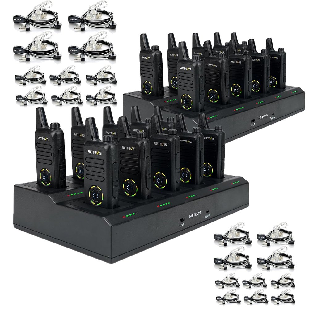 Retevis RT22S Walkie Talkies for Adults,Rechargeable 2 Way Radio with Earpiece, with 2 Pack 10 Way Gang Charger, Channel Display, Hands-Free Portable Walkie Talkie for School Retail(20 Pack)