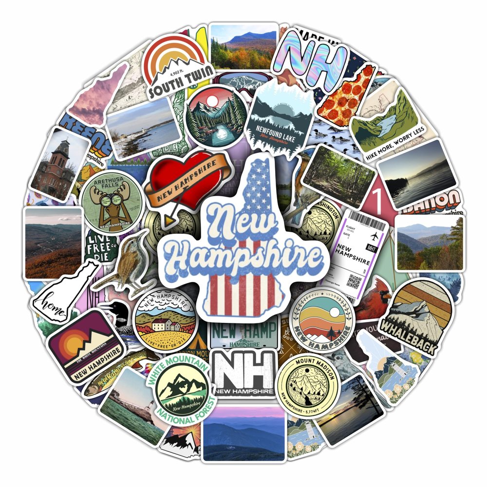 100Pcs New Hampshire Stickers Pack Aesthetic NH State Vinyl Decals for Water Bottle, Laptop, Car, Scrapbooking & Travel Souvenirs Waterproof State Stickers