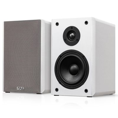 Pyle 5.25 Bookshelf Speakers, Pair of Wired Bookshelf Speakers with Wall Mount Brackets, 2-Way HiFi Home Theater with Paper Cone, Soft Dome Tweeter, Compact Design, 11.5 x 7.5 x 9.5, White