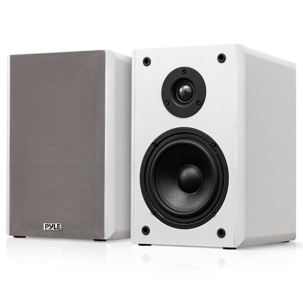 Pyle 5.25 Bookshelf Speakers, Pair of Wired Bookshelf Speakers with Wall Mount Brackets, 2-Way HiFi Home Theater with Paper Cone, Soft Dome Tweeter, Compact Design, 11.5 x 7.5 x 9.5, White