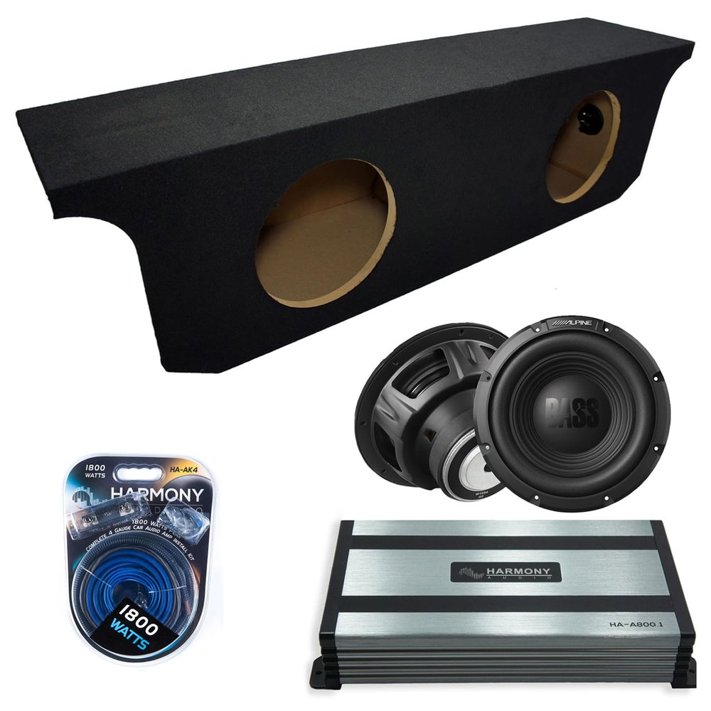 Harmony Audio Alpine Compatible with 2007-2018 Jeep Wrangler 4 Door W10S4 Dual 10" Subwoofer 500W Loaded Sealed Sub Box Enclosure Bundle | HA-A800.1 800W Amplifier, 4GA Amp Wiring Kit