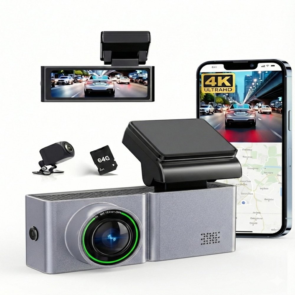 4K Dash Cam Front and Rear with 64GB Card, Dual Dash Camera for Cars, WiFi, Night Vision, G-Sensor, 24H Parking Mode, Loop Recording, 170 Wide Angle, 3.2 IPS Screen