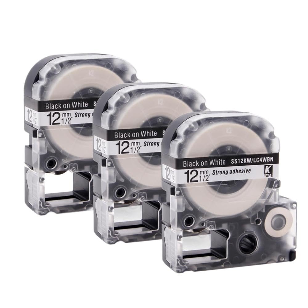 3PK Black On White SS12KW Label Tape 4WBN 12mm Compatible with Printer Supplies LW-300 LW-400 LW-500 LW-600P LW-700
