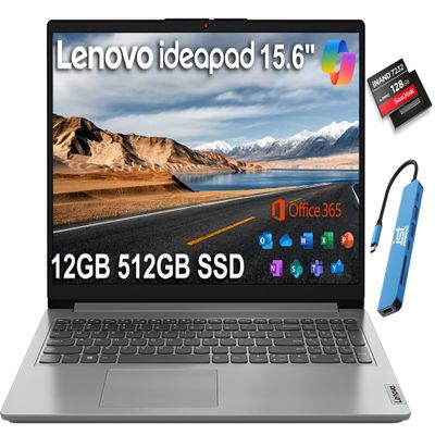 Lenovo IdeaPad 1i 15.6" HD Laptop (12GB RAM, 512GB SSD + 128GB eMMC, 1-Year Microsoft Office 365, Intel Celeron N4500) for Student, Home, Business, Numeric Keypad, IST Hub, Wi-Fi 6, Win 11 Home in S