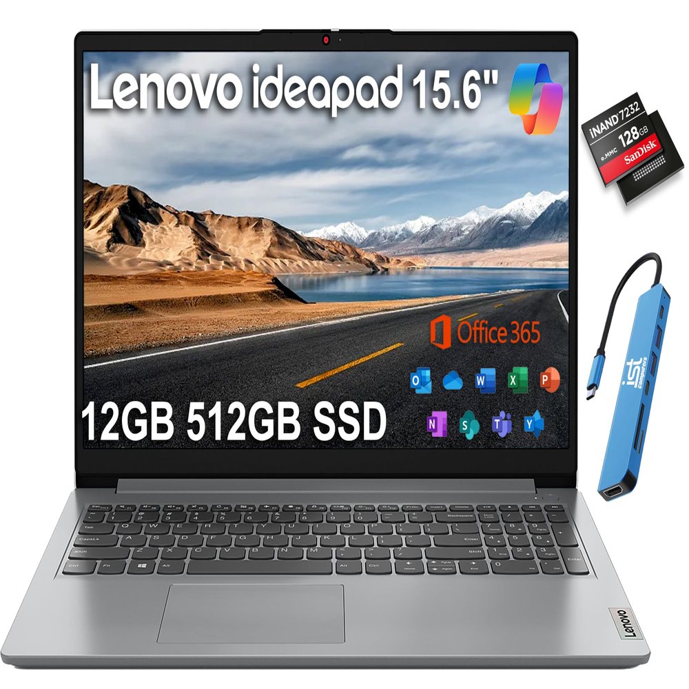 Lenovo IdeaPad 1i 15.6" HD Laptop (12GB RAM, 512GB SSD + 128GB eMMC, 1-Year Microsoft Office 365, Intel Celeron N4500) for Student, Home, Business, Numeric Keypad, IST Hub, Wi-Fi 6, Win 11 Home in S