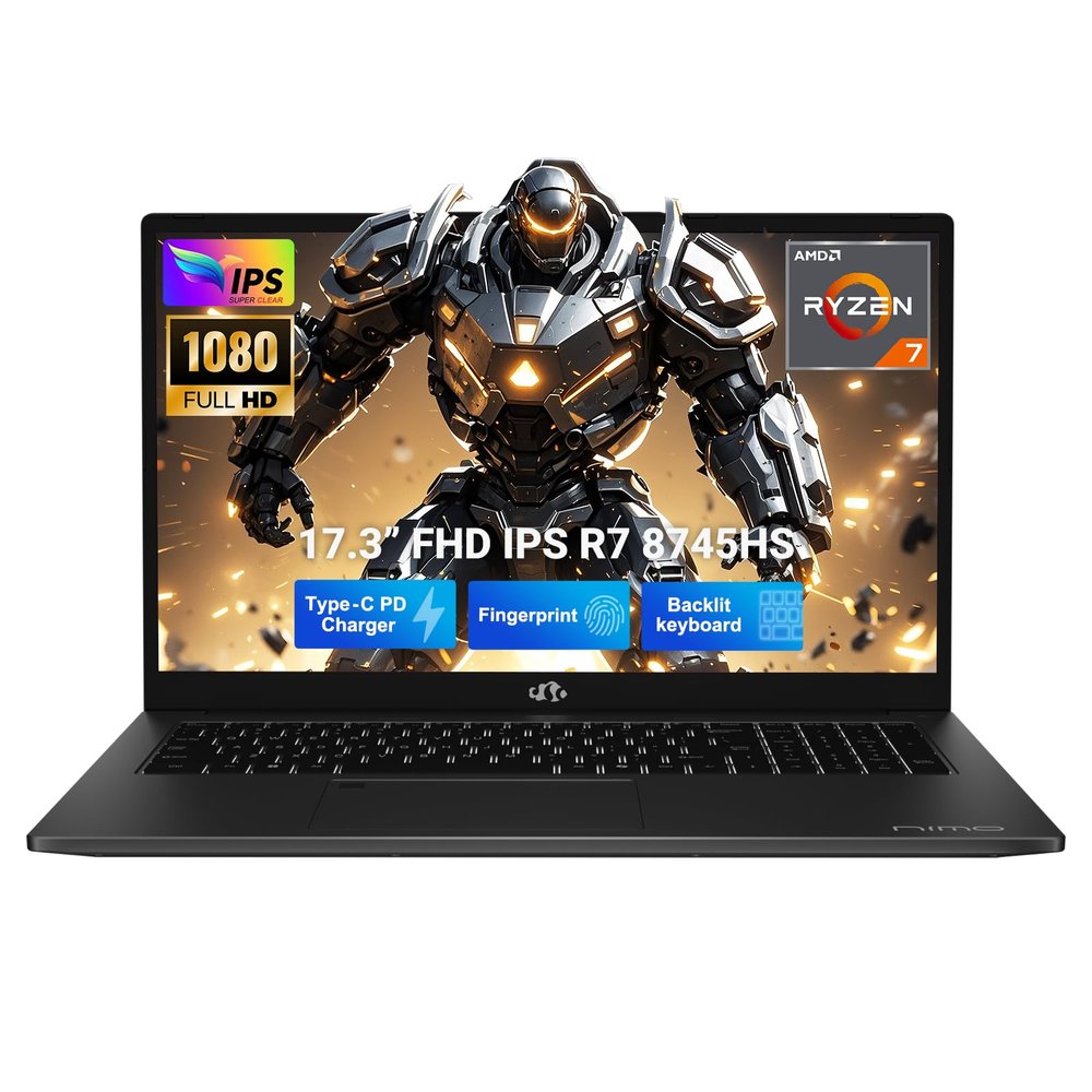 NIMO 17.3" Light-Gaming-Laptop, AMD Ryzen 7 8745HS 8-Core up to 4.9GHz, 64GB DDR5 RAM 1TB SSD, Radeon 780M Graphics, FHD IPS Display, 100W USB-C Fast Charger, Backlit Keyboard, Fingerprint, USB 4.0