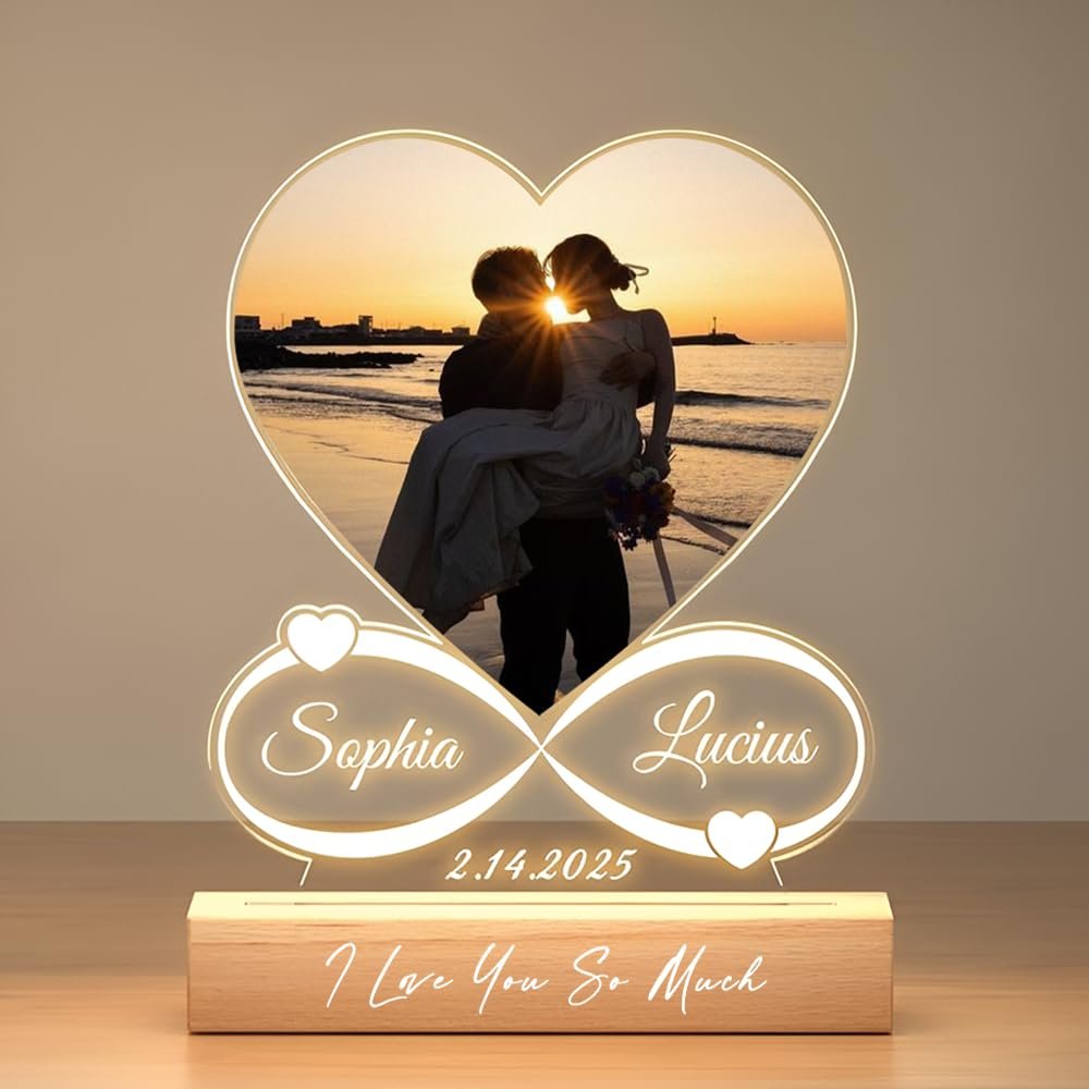 Custom Heart Infinity LED Lamp with Photo & Names, Personalized Couple Night Light, Anniversary & Valentines Day Gift for Him Her, Romantic Engraved Acrylic Light with Date, Bedroom Decor