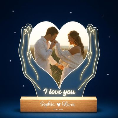 Personalized Heart Hands LED Lamp with Photo, Custom Acrylic Night Light for Couples, Romantic Bedroom Decor, Anniversary & Valentines Day Gift for Him Her, Engraved Picture Keepsake