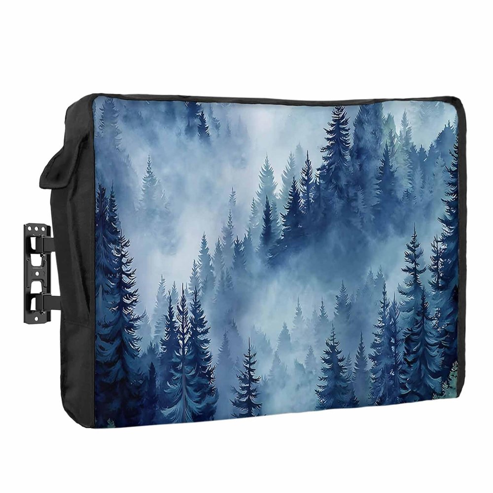Outdoor TV Cover 36 to 39 Inch Weatherproof, Mountain Waterproof Outdoor TV Enclosure with Side Pocket, Navy Blue Forest Pine Tree TV Protector Cover for Outside Flat Screen TV