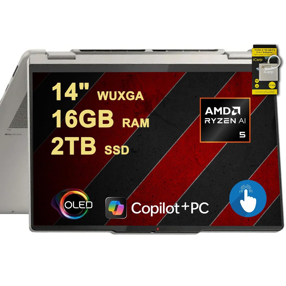 Lenovo Yoga 7 2-in-1 Laptop 14" WUXGA OLED Touch (100% DCI-P3, 600nits HDR) AMD 6-core Ryzen AI 5 340 (Up to 50 Tops) 16GB DDR5 2TB SSD for Designer Business Professional Win11 ICP Hub w/Copilot AI