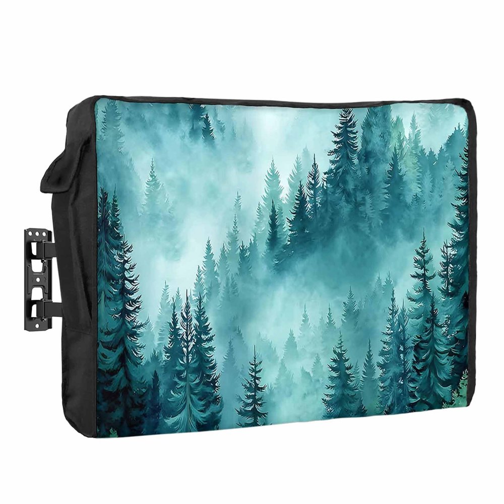 Outdoor TV Cover 36 to 39 Inch Weatherproof, Mountain Waterproof Outdoor TV Enclosure with Side Pocket, Blue Forest Pine Tree TV Protector Cover for Outside Flat Screen TV