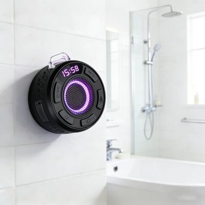 GDSAFS IPX7 Waterproof Shower Speaker with RGB Light & LED Display, Wireless Shower Speaker Waterproof with Detachable Suction Cup, Clear & Balanced 360 Sound (Black)