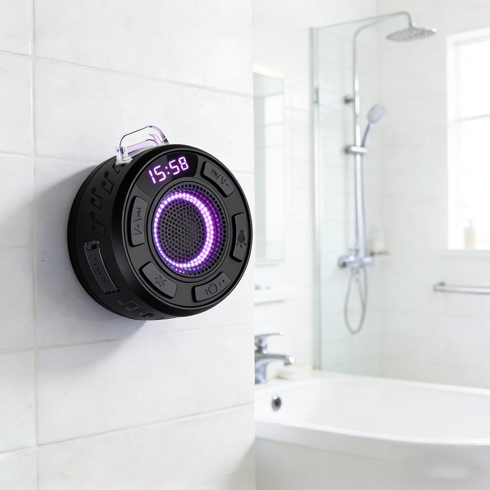 GDSAFS IPX7 Waterproof Shower Speaker with RGB Light & LED Display, Wireless Shower Speaker Waterproof with Detachable Suction Cup, Clear & Balanced 360 Sound (Black)