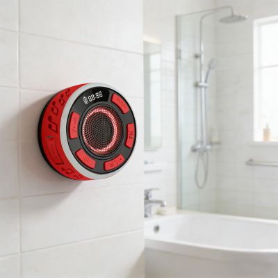 GDSAFS IPX7 Waterproof Shower Speaker with RGB Light & LED Display, Wireless Shower Speaker Waterproof with Detachable Suction Cup, Clear & Balanced 360 Sound (Red)
