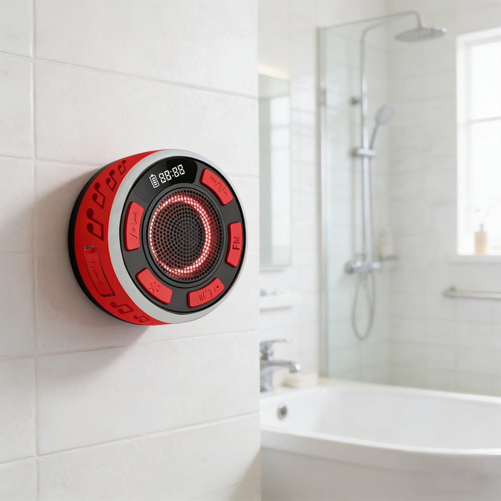 GDSAFS IPX7 Waterproof Shower Speaker with RGB Light & LED Display, Wireless Shower Speaker Waterproof with Detachable Suction Cup, Clear & Balanced 360 Sound (Red)