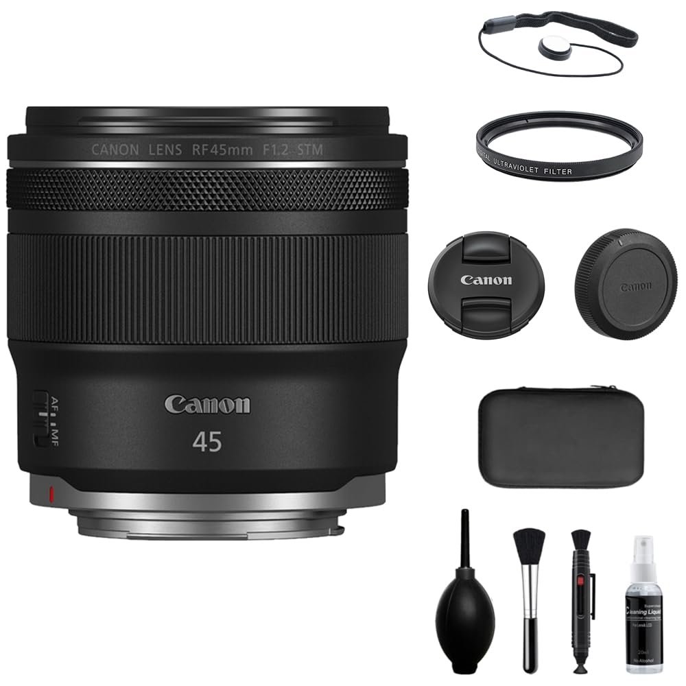 Canon RF 45mm f/1.2 STM Lens Compatible with Canon RF Mount Bundle with Tiffen UV Filter + Lens Cap Keeper + Cleaning Kit + Cleaning Cloth (5 Items)