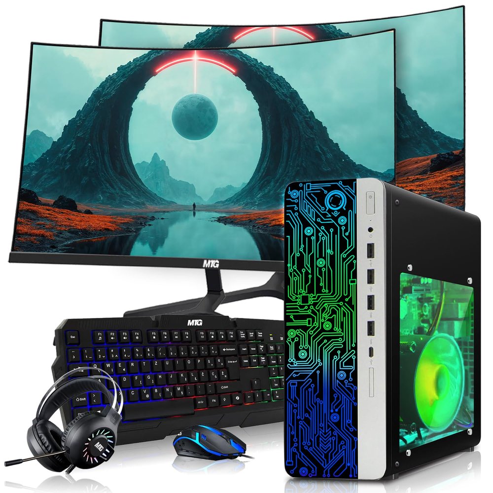 HP Gaming PC Desktop Computer  AMD Pro A10-9700,GT 1030 Graphics,16GB RAM,1TB SSD,Dual 32 Inch Curved Monitor,RGB Keyboard with AI Copilot,Mouse,WiFi,RGB Headphone,Windows 11(Renewed)