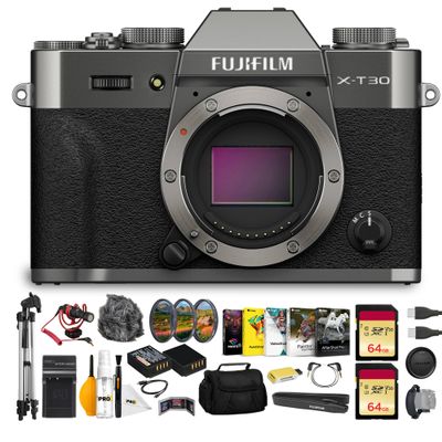 FUJIFILM X-T30 III Mirrorless Camera Body (Charcoal Silver) Bundle Wiht VideoMicro Ultracompact on Camera-Mount Microphone + 64GB Memory Card + Tripod 72 INCH + Bag + More