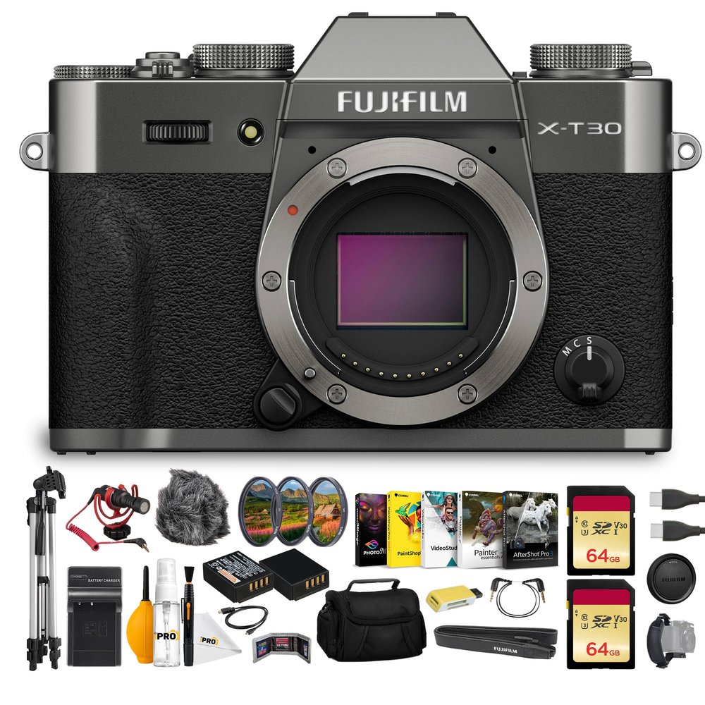 FUJIFILM X-T30 III Mirrorless Camera Body (Charcoal Silver) Bundle Wiht VideoMicro Ultracompact on Camera-Mount Microphone + 64GB Memory Card + Tripod 72 INCH + Bag + More