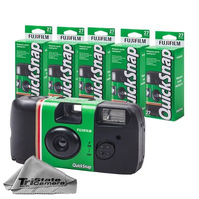 Fujifilm QuickSnap Flash 400 Disposable 35mm Camera  ISO 400, 27 Exposures, Built-in Flash, 5-Pack + Microfiber Cleaning Cloth