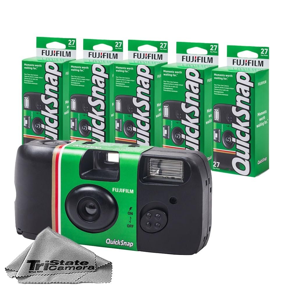 Fujifilm QuickSnap Flash 400 Disposable 35mm Camera  ISO 400, 27 Exposures, Built-in Flash, 5-Pack + Microfiber Cleaning Cloth