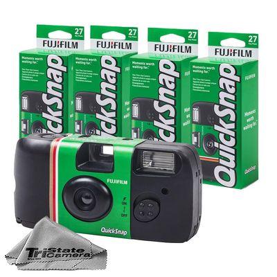 Fujifilm QuickSnap Flash 400 Disposable 35mm Camera ISO 400, 27 Exposures, Built-in Flash, 4-Pack + Microfiber Cleaning Cloth