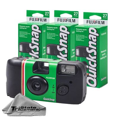 Fujifilm QuickSnap Flash 400 Disposable 35mm Camera ISO 400, 27 Exposures, Built-in Flash, 3-Pack + Microfiber Cleaning Cloth