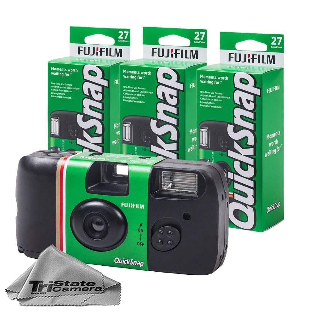 Fujifilm QuickSnap Flash 400 Disposable 35mm Camera  ISO 400, 27 Exposures, Built-in Flash, 3-Pack + Microfiber Cleaning Cloth