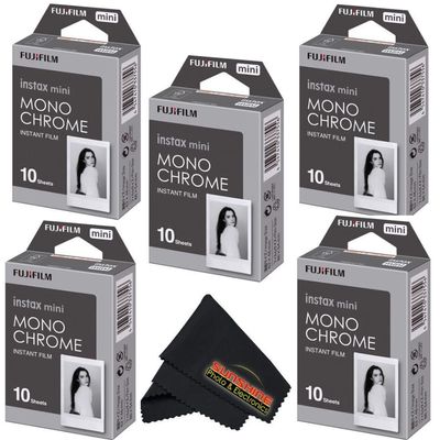 Fujifilm Instax Mini Film Variety Pack  5 Unique Styles for Instax Cameras + Bonus Sunshine Photo Microfiber Cleaning Cloth - Monochrome - (5 Pack X 10 Sheets)