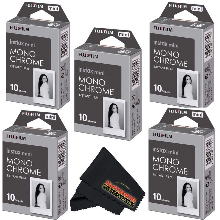 Fujifilm Instax Mini Film Variety Pack 5 Unique Styles for Instax Cameras + Bonus Sunshine Photo Microfiber Cleaning Cloth - Monochrome - (5 Pack X 10 Sheets)