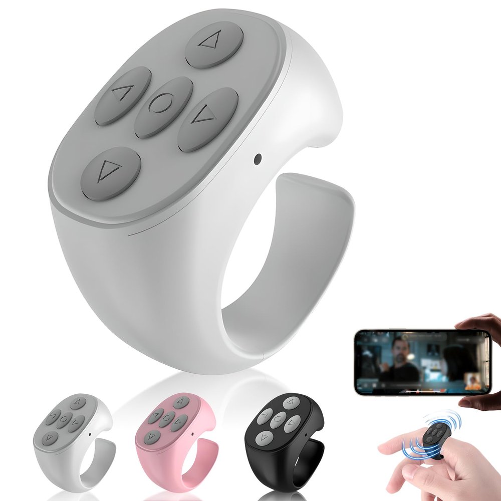 Fingertip Wireless Bluetooth Remote Control, 2026 New Scrolling Ring Bluetooth Page Turner for Phone, Camera Shutter Scroller Remote for Short Video (White)