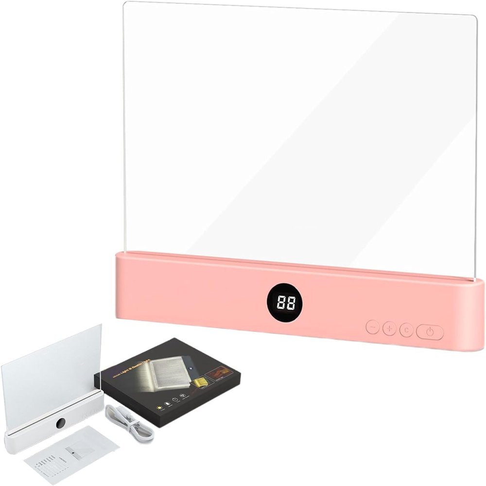 AYEXNSA Smart Led Reading Light, Book Light, Eye Protection Lights, Rechargeable Flat Reading Lights, Transparent Doodleable Timerable Dimmable Panel Plate Lamp for Night Reading (Pink)