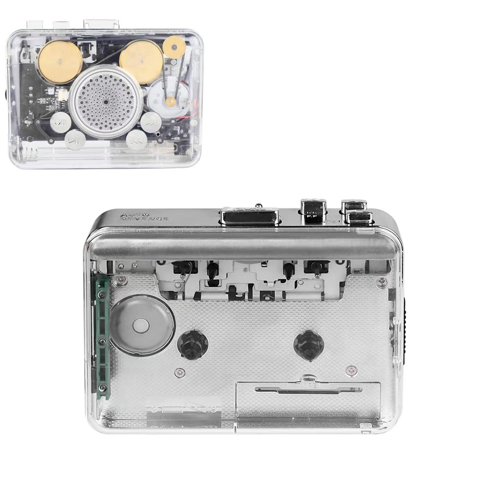 Gugxiom Stereo Cassette Player with Built in Speaker, Transparent Tape to MP3 Converter via USB, Clear Sound Dual Channel Digitizer, Compact Retro Audio Device with Earphones