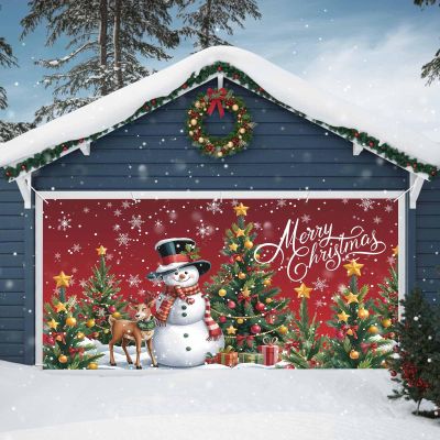 Garage Door Banner 6x13ft,Merry Christmas Snowman Elk Garage Door Cover Porch Large Backdrop Banners Wall Decorations for Indoor Outdoor Holiday Party,Xmas Tree Snow on Dark Red