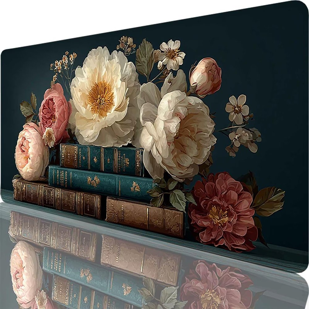Black Mouse Pad 28 x 16 in Extended Mousepad, Large Desk Mat, Adults Gaming Mouse Pad Flower with Stitched Edges Non-Slip Rubber Base Keyboard Mat, Waterproof Mousepad for Office Desk Decor l-9372