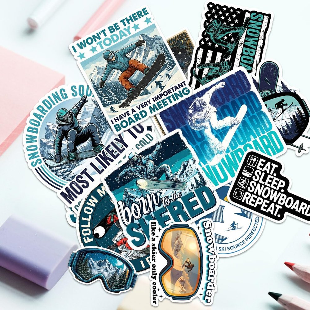 12PCS Snowboard Stickers Pack, Funny Snowboarding Decals for Helmets, Laptops, Water Bottles, Winter Sports Fans, Stickers Die-Cut Waterproof for Laptop, Water Bottle, Phone (Normal, 8 Inch)