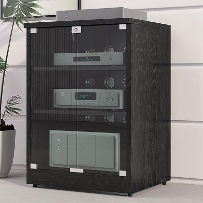 Portable Large Stereo Cabinet, Modern Audio-Video Media Stand, CD Player Stand, Particle Board, Double Glass Door Lock for Living, Recording Room-Easy To Assemble(Black,3-tier H80CM/31")